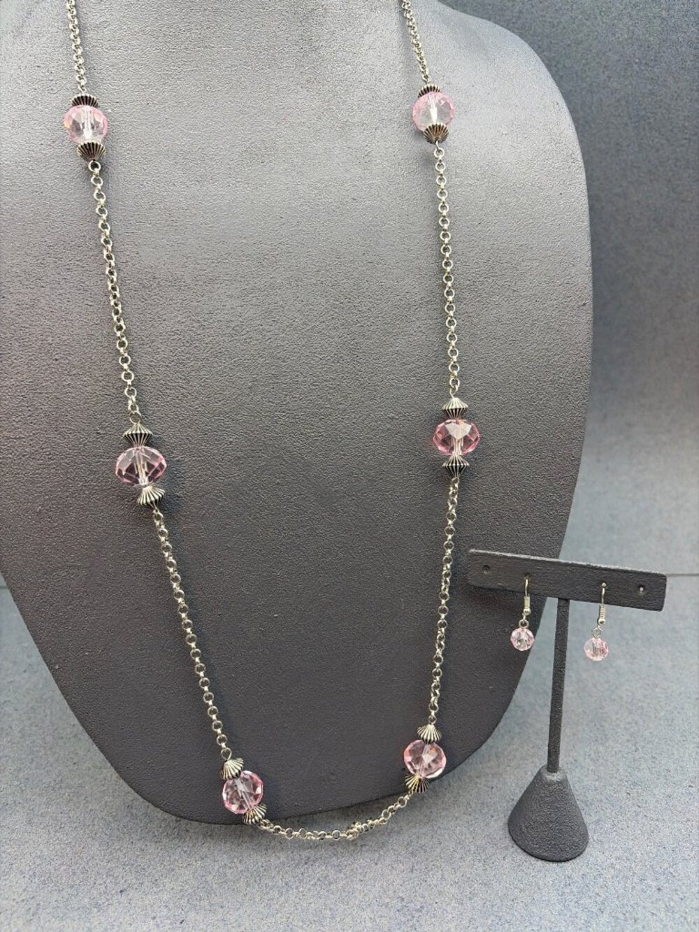 Pink Crystal Bead Necklace Earrings Set 36 In Silver Chain Dangle Pierced Barbie
